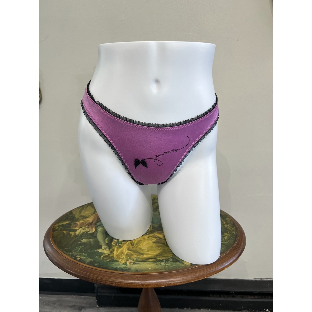 René Rofé Lingerie Vintage Sample Purple Black Ruffle Trim Thong Panty Size S